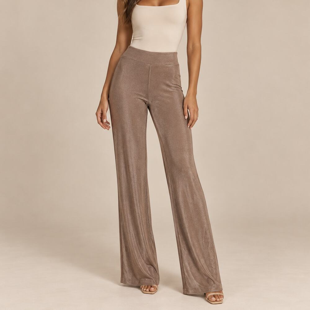 MESHKI Taupe Bronze Lurex Jersey Flare Pants